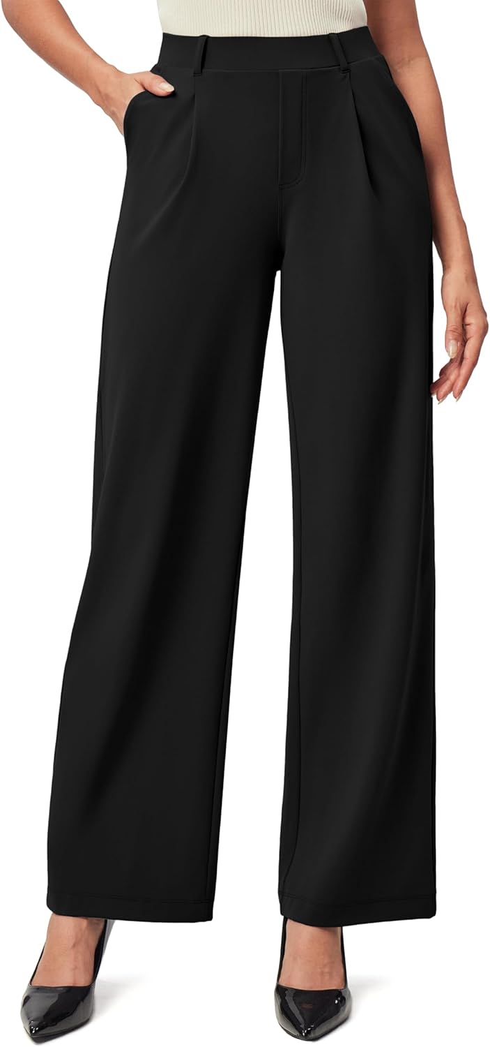 womens dress pants wide leg pull on stretchy work pants women high waisted business casual trousers with pockets