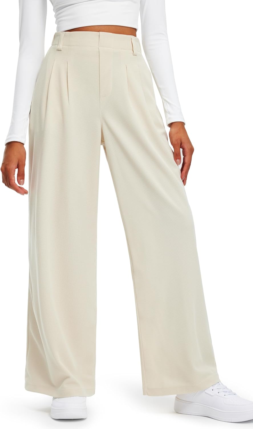 womens wide leg pants 27 29 high waisted waffle knit casual slacks work pants business trousers with pockets