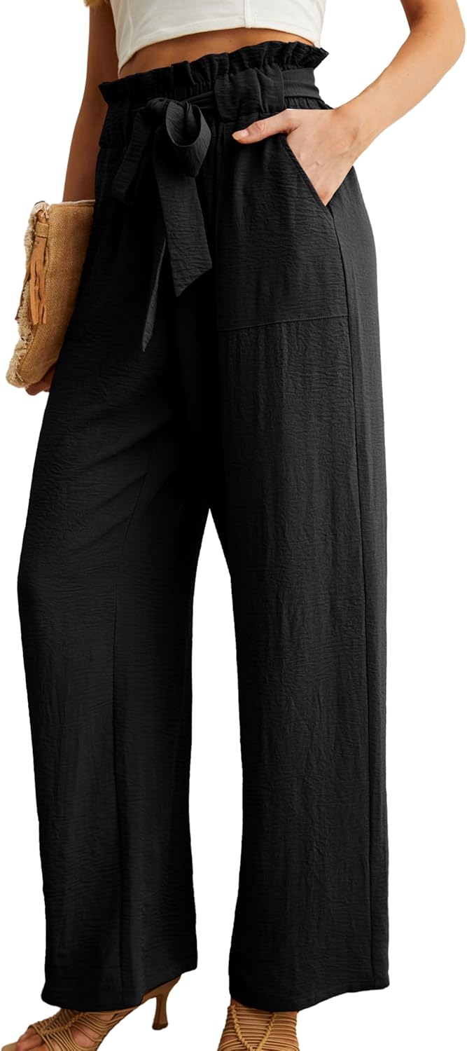 womens wide leg pants with pockets high waist adjustable knot loose casual trousers business work casual pants