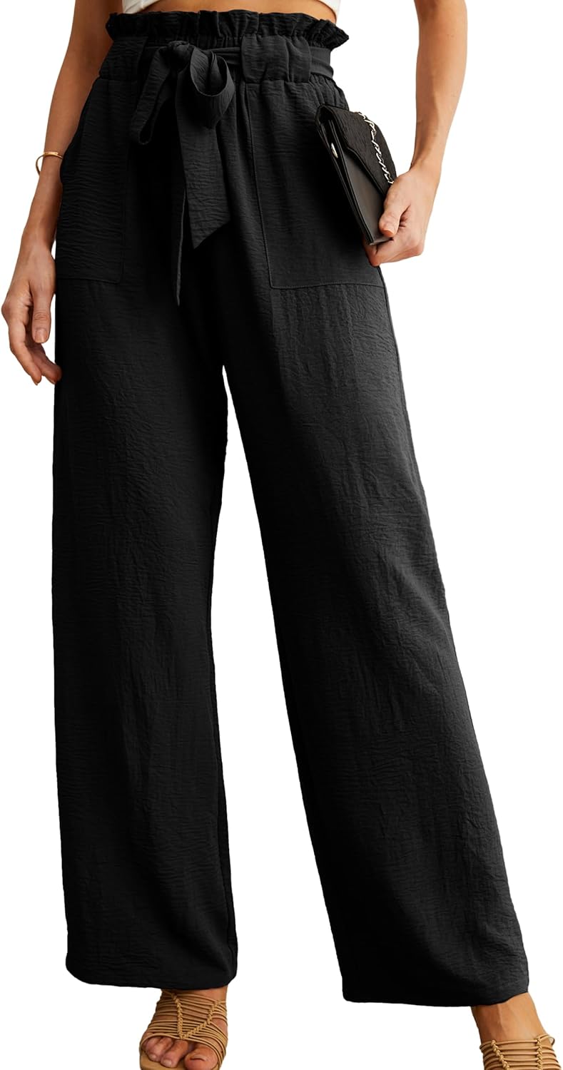 womens wide leg pants with pockets high waist adjustable knot loose casual trousers business work casual pants