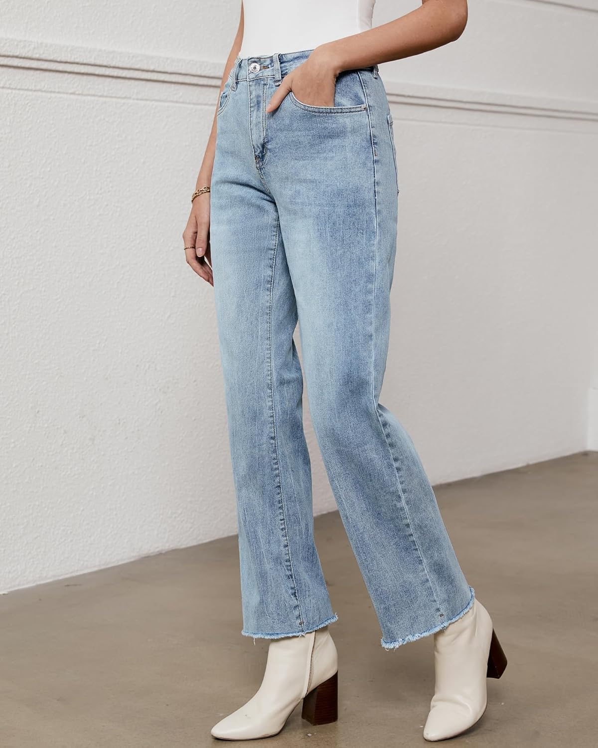 straight leg jeans for women high waisted stretchy frayed raw hem loose denim pants casual baggy jean trousers